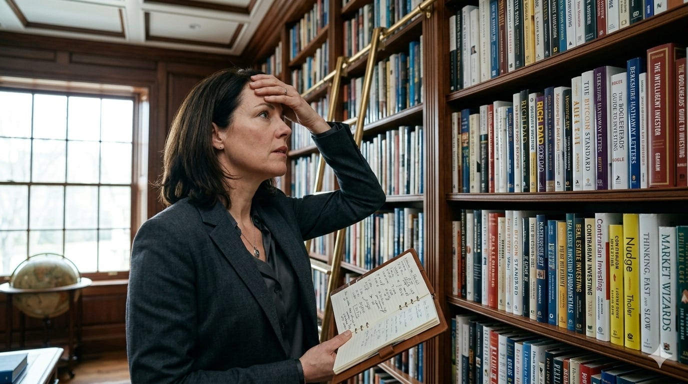 A woman stands before floor-to-ceiling bookshelves filled with financial books, holding an open notebook with extensive notes. She stares at the shelves, one hand on her forehead, frustrated. The expertise surrounds her but isn't answering her specific question.