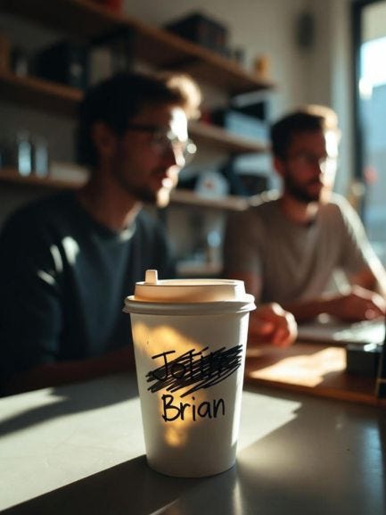A takeaway coffee cup sits alone on a café counter. The original name is aggressively crossed out in black marker and replaced with another — the tiny injustice that can spark an outsized revenge fantasy. Warm morning light cuts dramatically across the scene