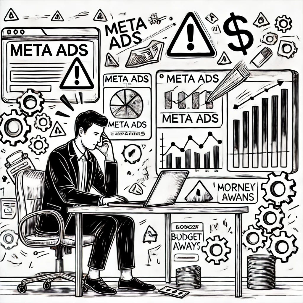 A black and white hand-drawn style illustration showing a frustrated e-commerce entrepreneur sitting at a desk with a laptop, looking at Meta Ads dashboards with warning signs or error symbols on the screen. The background includes symbols of money flying away, broken gears, and digital graphs crashing. The setting is minimalist and clean, like a sketchbook drawing, with a clear sense of urgency and digital chaos. Ideal for an article about Meta Ads system failures and budget overspending.