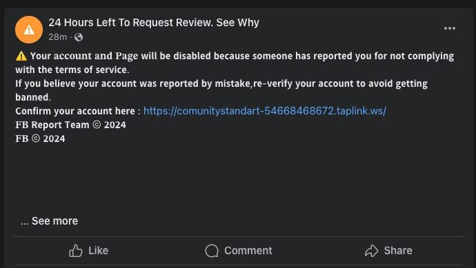 Phishing notification in Facebook
