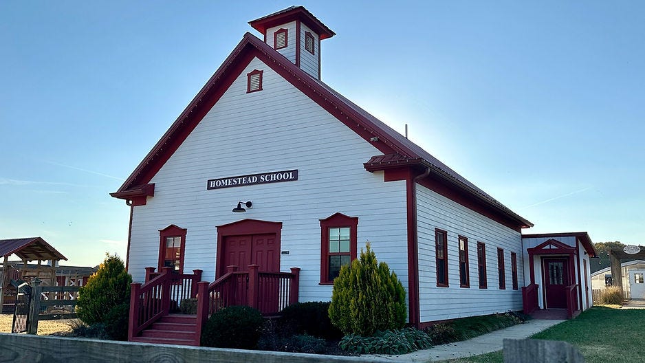 A picture of the one room schoolhouse at Hardison Mill in 2023