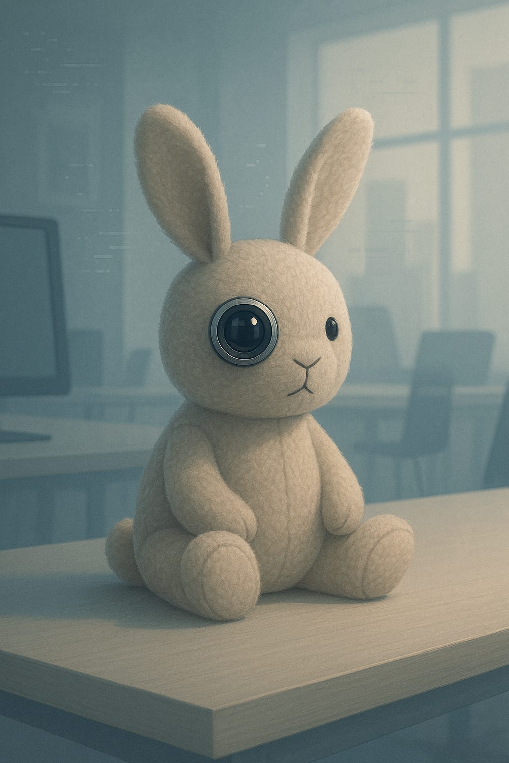 A soft, beige plush bunny sits alone on a desk in a minimalist, modern office. One of its eyes is a subtle camera lens, blending uneasily with its gentle appearance. The background is softly lit with cool tones, and faint digital patterns evoke a quiet sense of surveillance.