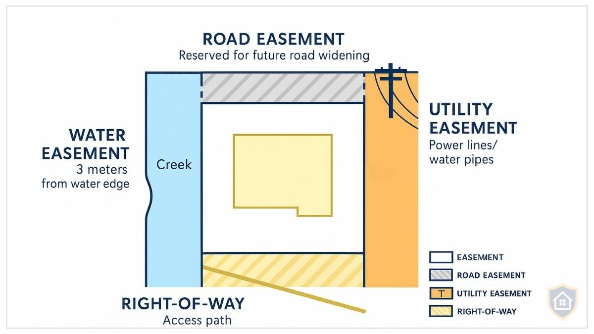 Diagram showing residential lot with house and four types of easements marked as restricted no-build zones: road easement along front, water easement near creek, utility easement for power lines, and right-of-way access path