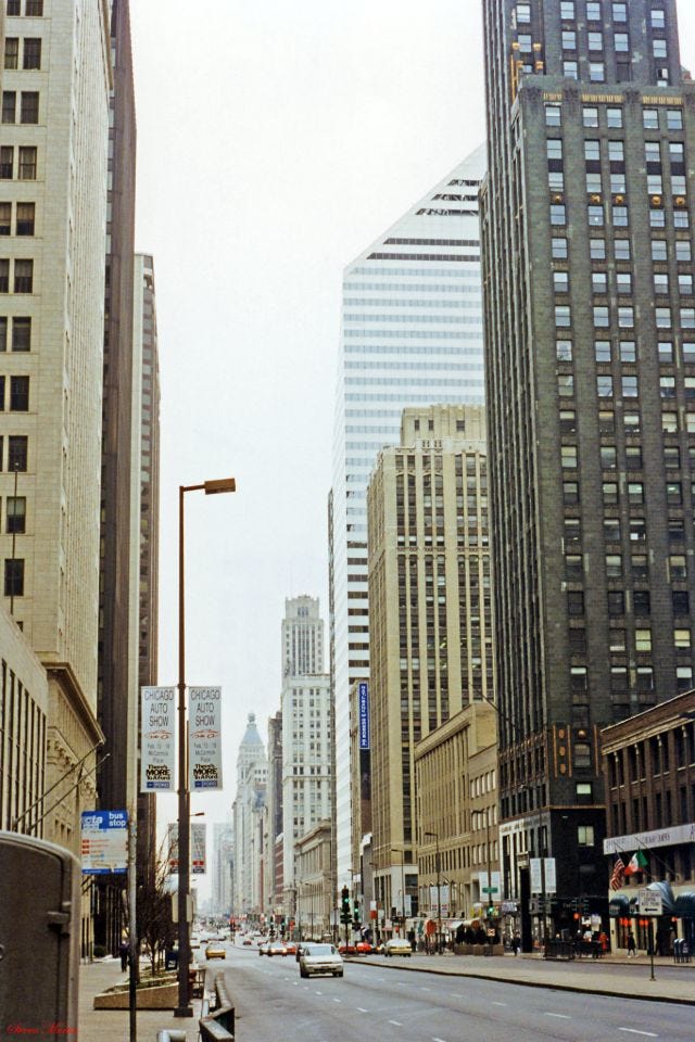 Michigan Avenue stretching south from Wacker Drive, a key artery of Chicago, February 1996. Michigan Avenue stretching south from Wacker Drive, a key artery of Chicago, February 1996.