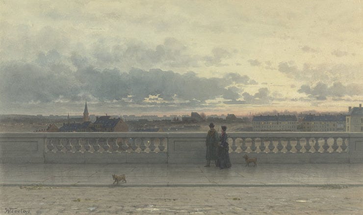 'Gezicht vanaf een terras over Brussel, in avondschemering' 1885 - aquarel: Willem de Famars Testas