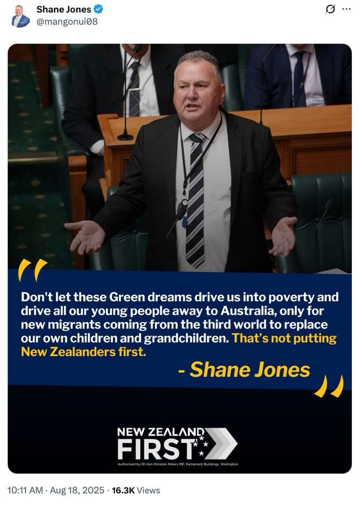 **Alt text:** A screenshot of a social media post showing a man in a suit speaking with his hands open at a lectern inside a parliamentary chamber. Over the lower half of the image is a dark blue graphic with a quoted political statement warning about environmental policies, poverty, young people leaving for Australia, and migrants replacing future generations. The branding “New Zealand First” appears at the bottom of the graphic, along with a view count and posting time beneath the image. **Alt text:** A screenshot of a social media post showing a man in a suit speaking with his hands open at a lectern inside a parliamentary chamber. Over the lower half of the image is a dark blue graphic with a quoted political statement warning about environmental policies, poverty, young people leaving for Australia, and migrants replacing future generations. The branding “New Zealand First” appears at the bottom of the graphic, along with a view count and posting time beneath the image.