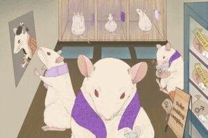This illustration, styled like a traditional Japanese ukiyo-e print, uses a rat’s environment as a metaphor to show how exposure to male hormones before birth might affect both finger length ratios (2D:4D) and sexual behavior. In the background, a shower booth represents prenatal hormone exposure, with the shadow of a towel symbolizing different hormone levels. At the center, the length of the second digit (2D) is measured. On either side, behaviors like a preference for female scent and general activity levels are visually portrayed.