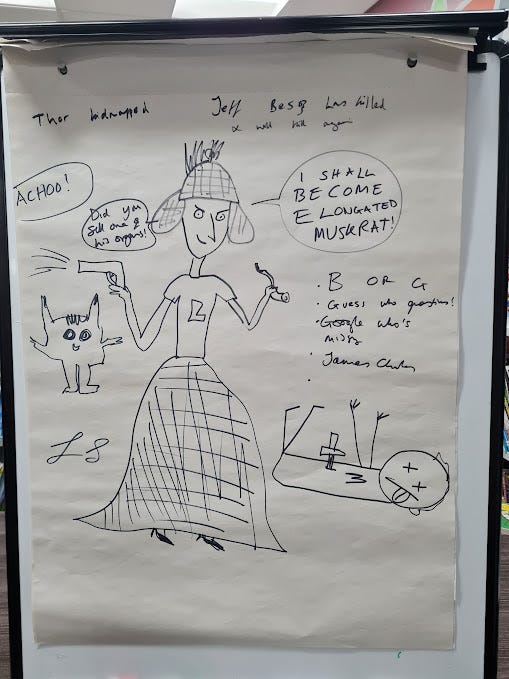 A doodle of Loki as a detective with the corpse of Elon musk at his feet. He's promising to become elongated muskrat to take over Elon's identity. We also see a badly-drawn pikachu, Loki firing a pepper gun making someone sneeze.