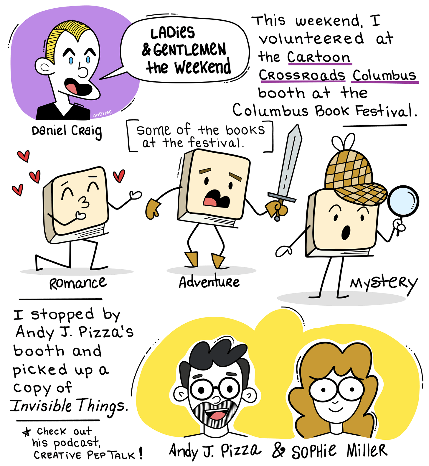 an illustration about my adventures over the weekend featuring little book characters representing genres of books like romance, adventure, and mystery.