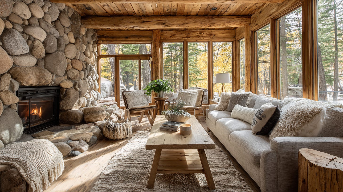 Bright and airy Canadian cabin interior with natural wood, large windows, forest views, and cozy modern decor Bright and airy Canadian cabin interior with natural wood, large windows, forest views, and cozy modern decor