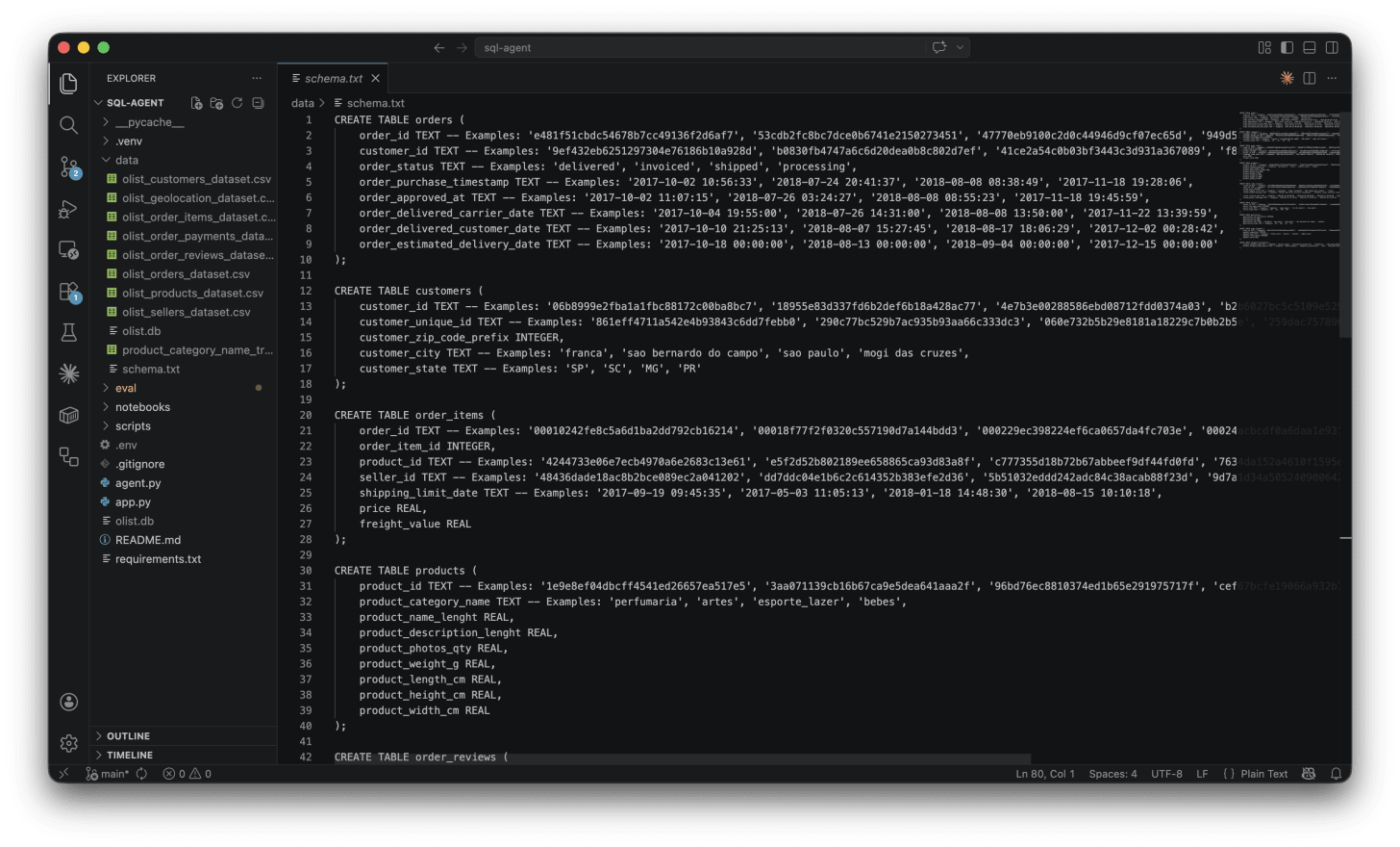 A code editor displaying a schema.txt file, showing SQL CREATE TABLE statements where each text column has a comment listing four real example values pulled from the database. A code editor displaying a schema.txt file, showing SQL CREATE TABLE statements where each text column has a comment listing four real example values pulled from the database.