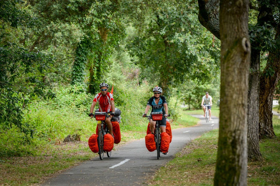 Two bike riders on La Vélodyssée in the Nouvelle Aquitaine region. Two bike riders on La Vélodyssée in the Nouvelle Aquitaine region.