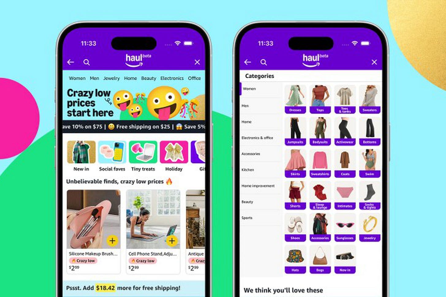 Amazon'un yeni Haul mağazasından iki ekran görüntüsü.