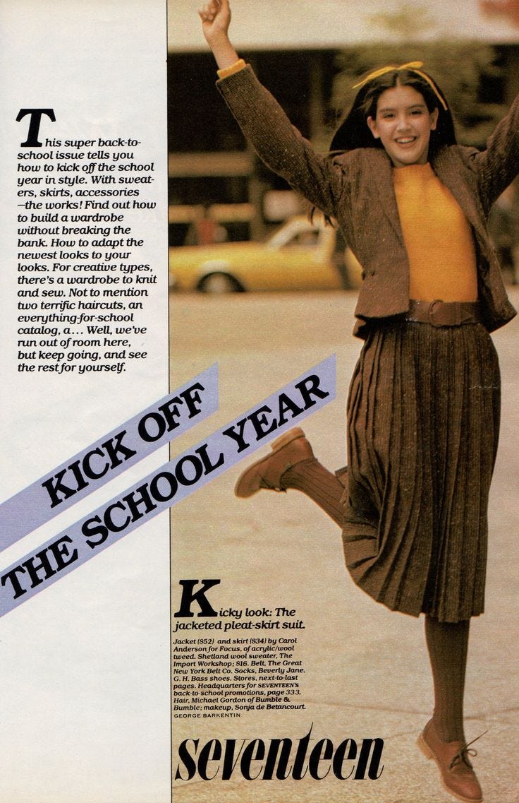 Ah, the wonderful back-to-school issue. Seventeen magazine, August 1979.  Model Phoebe Cates pictured here in the "Kick off the School Year" layout.