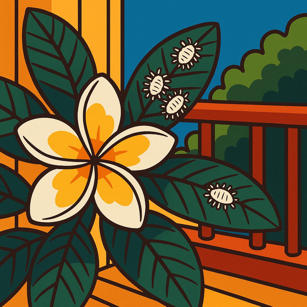Dynamic flat vector illustration of a frangipani with mealybugs on a small balcony.
