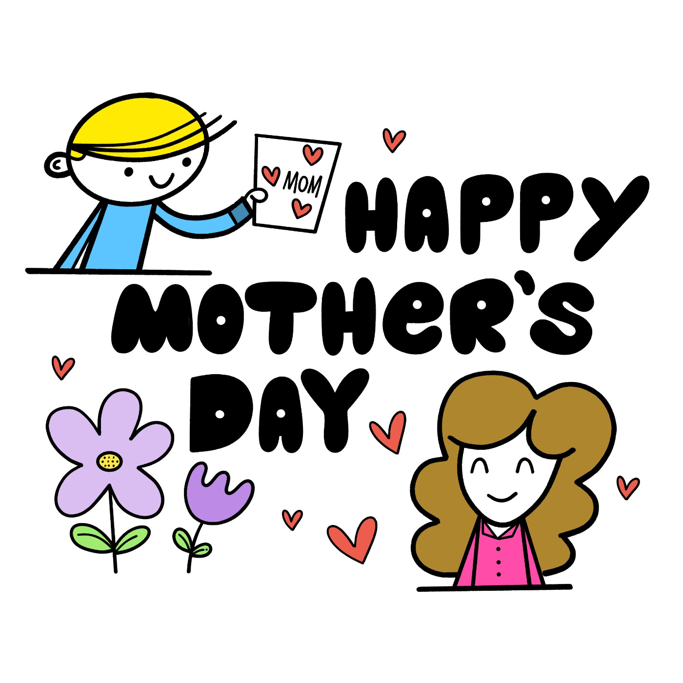 a cartoon illustration of a kid wishing their mother a Happy Mother's Day