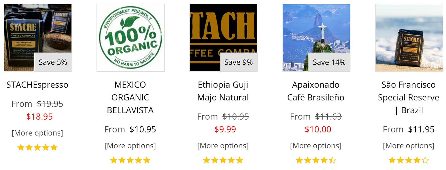 Shopping cart images of Stache Coffee Bags. Links to Stache Coffee Company website store.