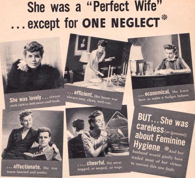 Lysol ads repeatedly linked 'feminine hygiene' failures to husbands becoming distant and cold. Lysol ads repeatedly linked 'feminine hygiene' failures to husbands becoming distant and cold.