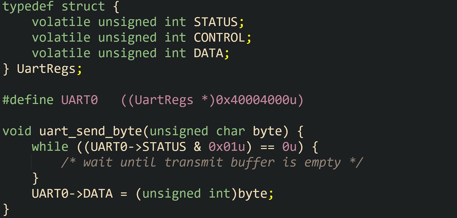 typedef struct {     volatile unsigned int STATUS;     volatile unsigned int CONTROL;     volatile unsigned int DATA; } UartRegs;  #define UART0   ((UartRegs *)0x40004000u)  void uart_send_byte(unsigned char byte) {     while ((UART0->STATUS & 0x01u) == 0u) {         /* wait until transmit buffer is empty */     }     UART0->DATA = (unsigned int)byte; }