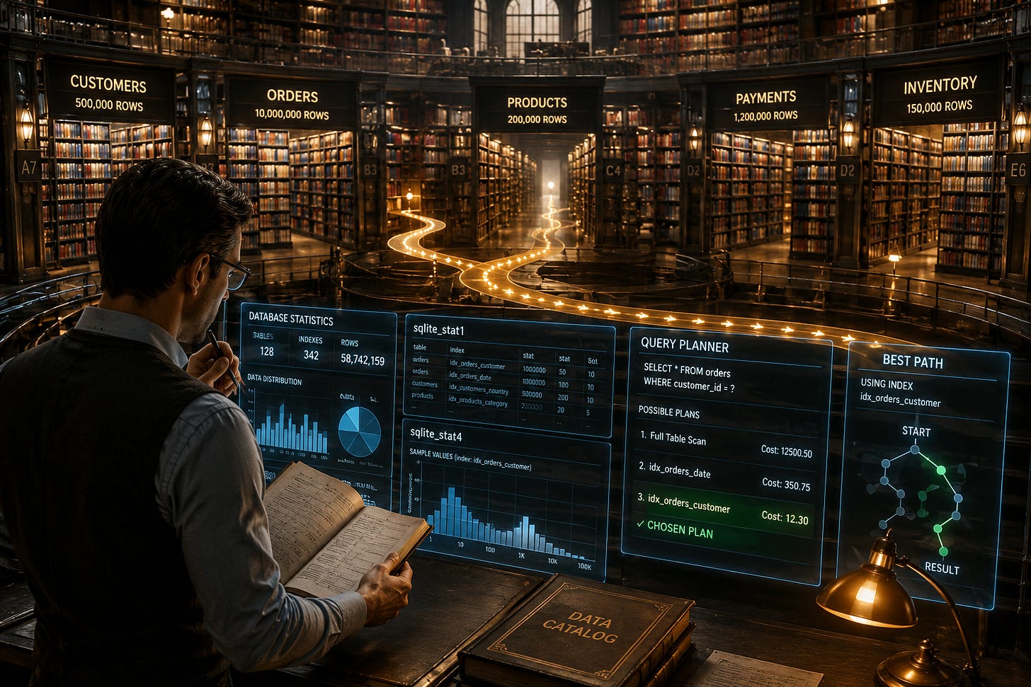 SQLite query planner analyzing statistics to choose the fastest path through a digital library archive. SQLite query planner analyzing statistics to choose the fastest path through a digital library archive.