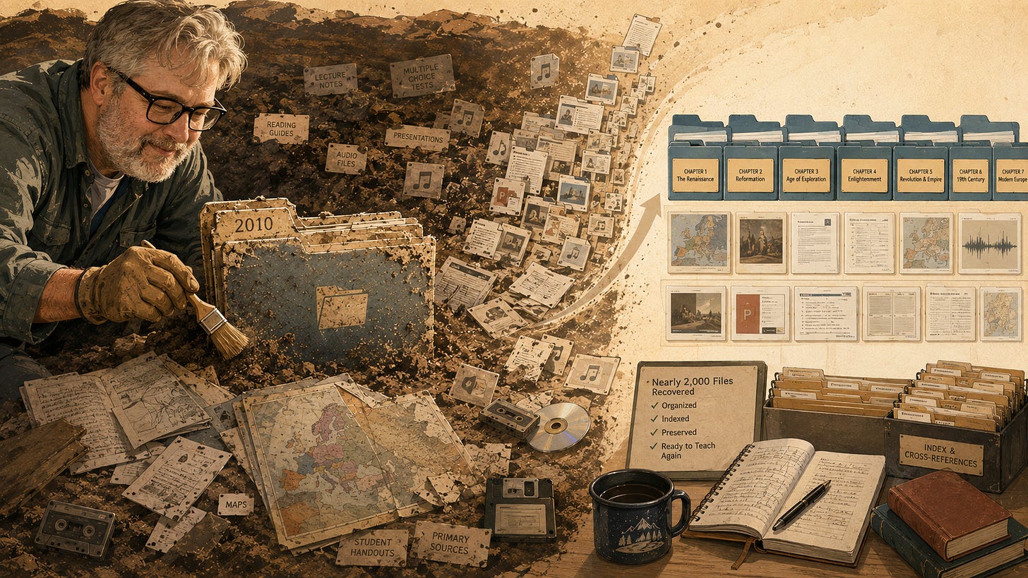 Educator recovers and organizes nearly 2,000 teaching files from a 2010 archive into a structured course collection. Educator recovers and organizes nearly 2,000 teaching files from a 2010 archive into a structured course collection.