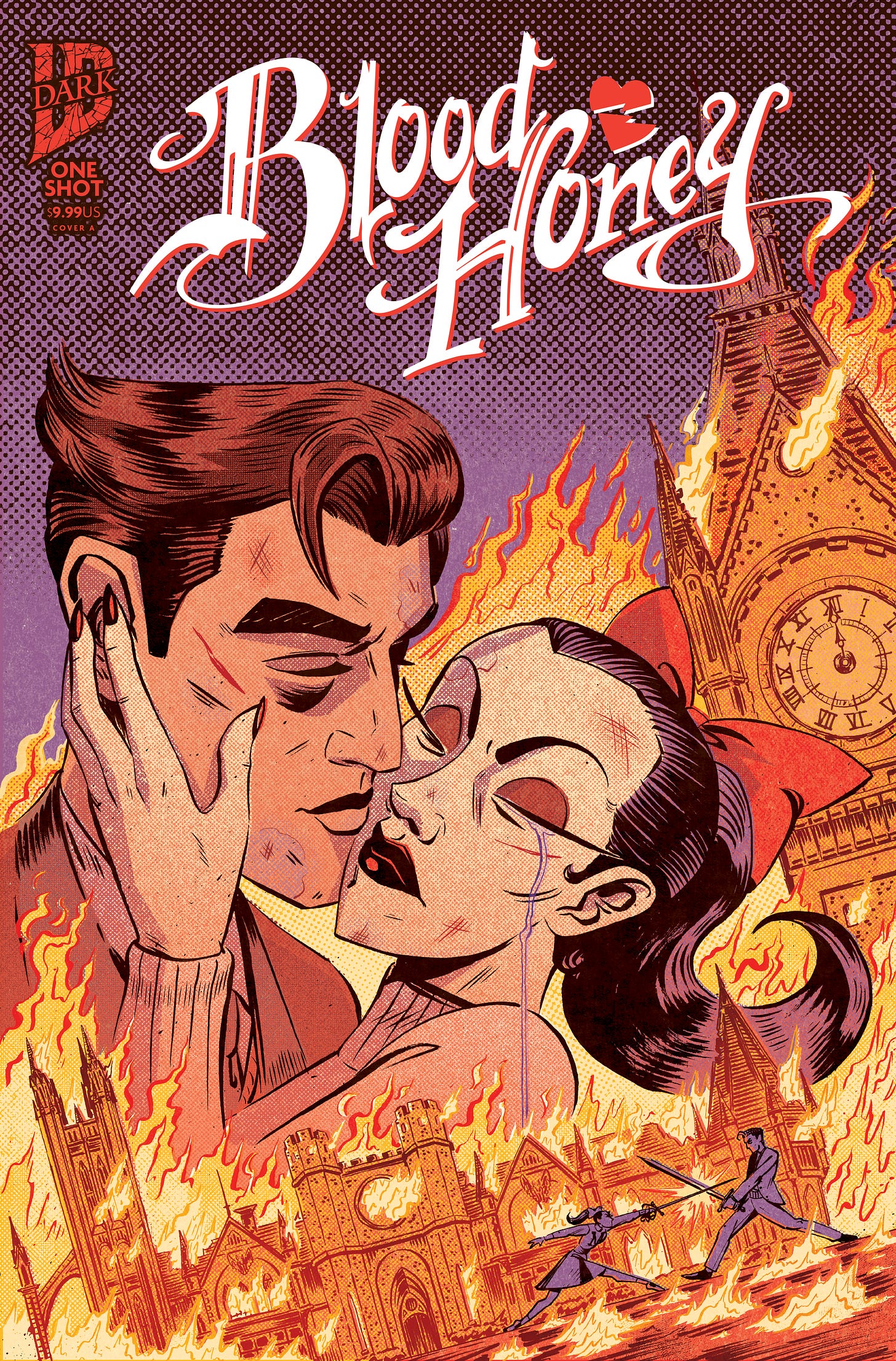 BLOOD HONEY Cover Image. Two young lovers embrace amidst a gothic prep school that has gone up in flames.