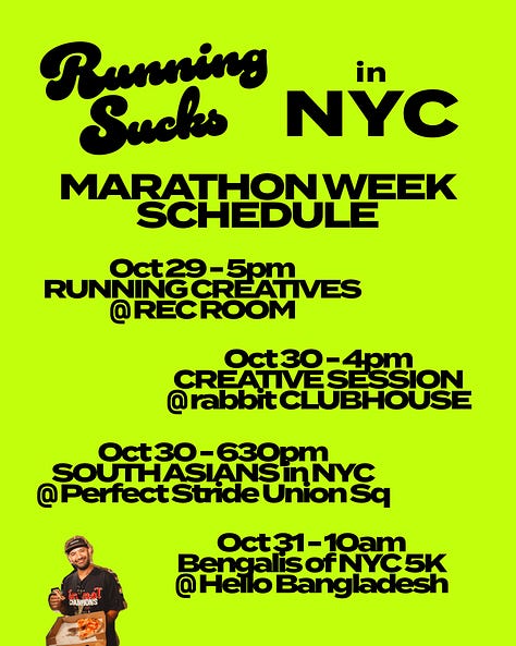 The Running Sucks NYC Marathon schedule