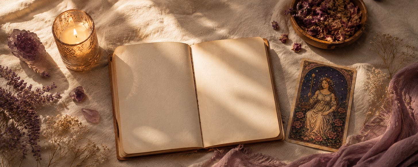 An open blank tarot journal on soft cloth, surrounded by a lit candle, dried lavender, crystals, and a tarot card — a cozy beginner reading setup