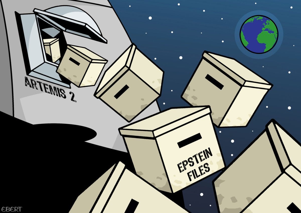 Cartoon showing the Artemis II in space, with a tiny earth in the background. A hatch opens, and cardboard boxes labeled 'Epstein files' are dumped into space.