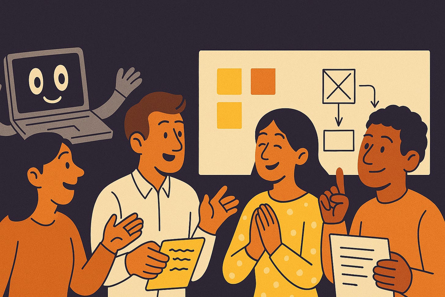 AI generated illustration of people working together with AI in a workshop.