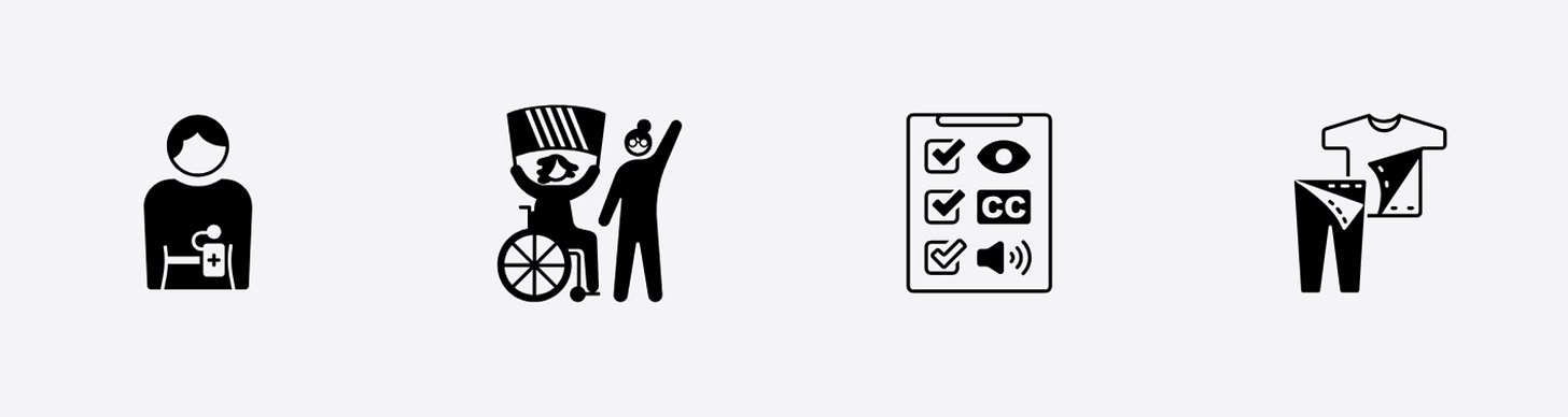 4 black icons on a grey background representing accessibility and inclusion. (1) wearable medical device around the waist (2) disability pride showing a person in a wheelchair holding up a flag and person standing with an arm raised (3) accessibility testing checklist with icons of an eye, CC, and speaker (4) adaptive clothing with snaps