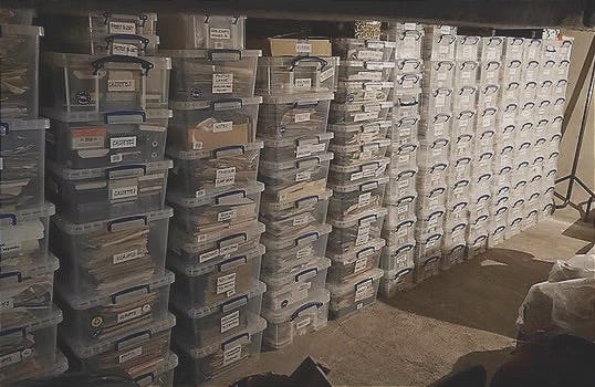 Fenella Fieldings Archive in boxes in a cellar labelled and ordered