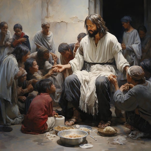 Premium AI Image | Jesus Christ fed bread to the poor bible religion ...