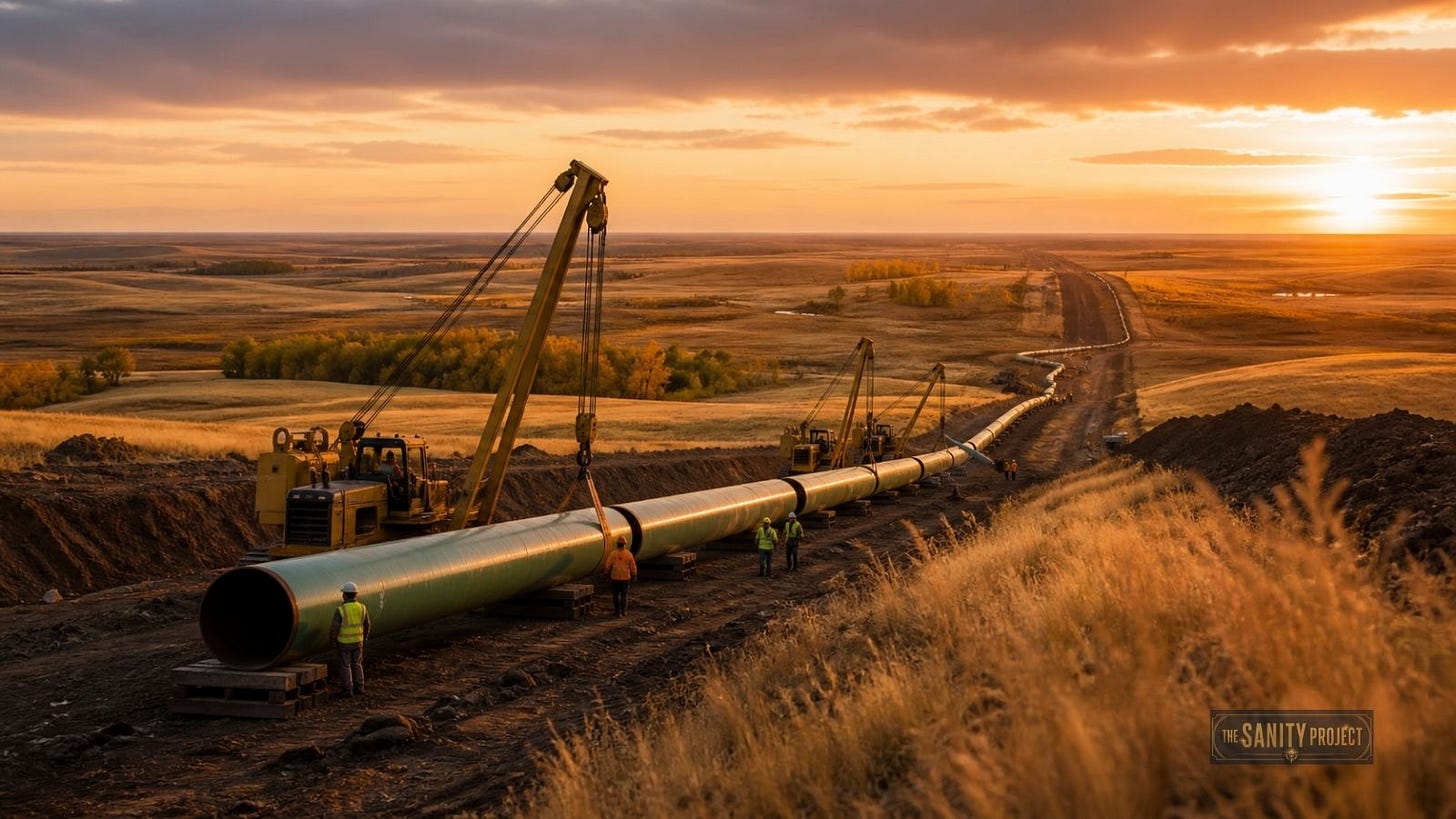Mark Carney’s pipeline project construction corridor across the Alberta prairie at sunset Mark Carney’s pipeline project construction corridor across the Alberta prairie at sunset