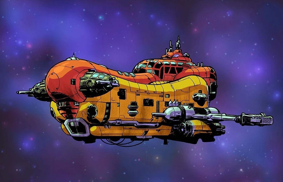 A red and yellow spaceship flies through a purple galaxy backdrop, featuring stars and cosmic elements. The mood is adventurous.