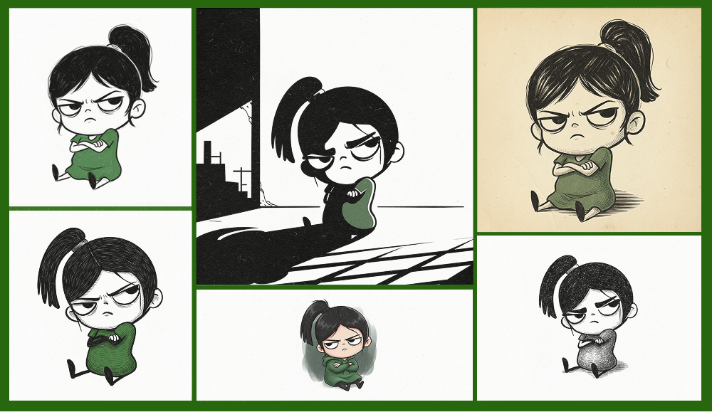 Character exploration sheet by Karo Zieminski for Product with Attitude presenting iterations of a signature grumpy stick-figure character, demonstrating visual style evolution, emotional expression, and texture experimentation. Character exploration sheet by Karo Zieminski for Product with Attitude presenting iterations of a signature grumpy stick-figure character, demonstrating visual style evolution, emotional expression, and texture experimentation.