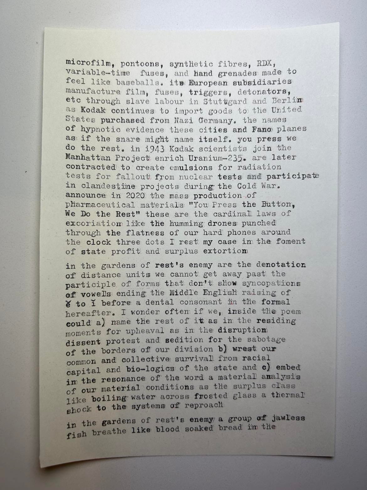 Part three of Cat's letter: a white piece of paper with black typed words