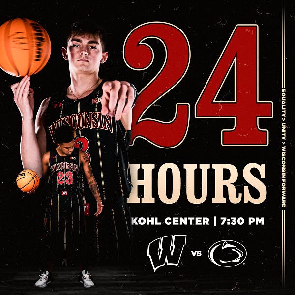Graphic advertising Wisconsin's upcoming game vs. Penn State on Tuesday at 7:30 p.m.