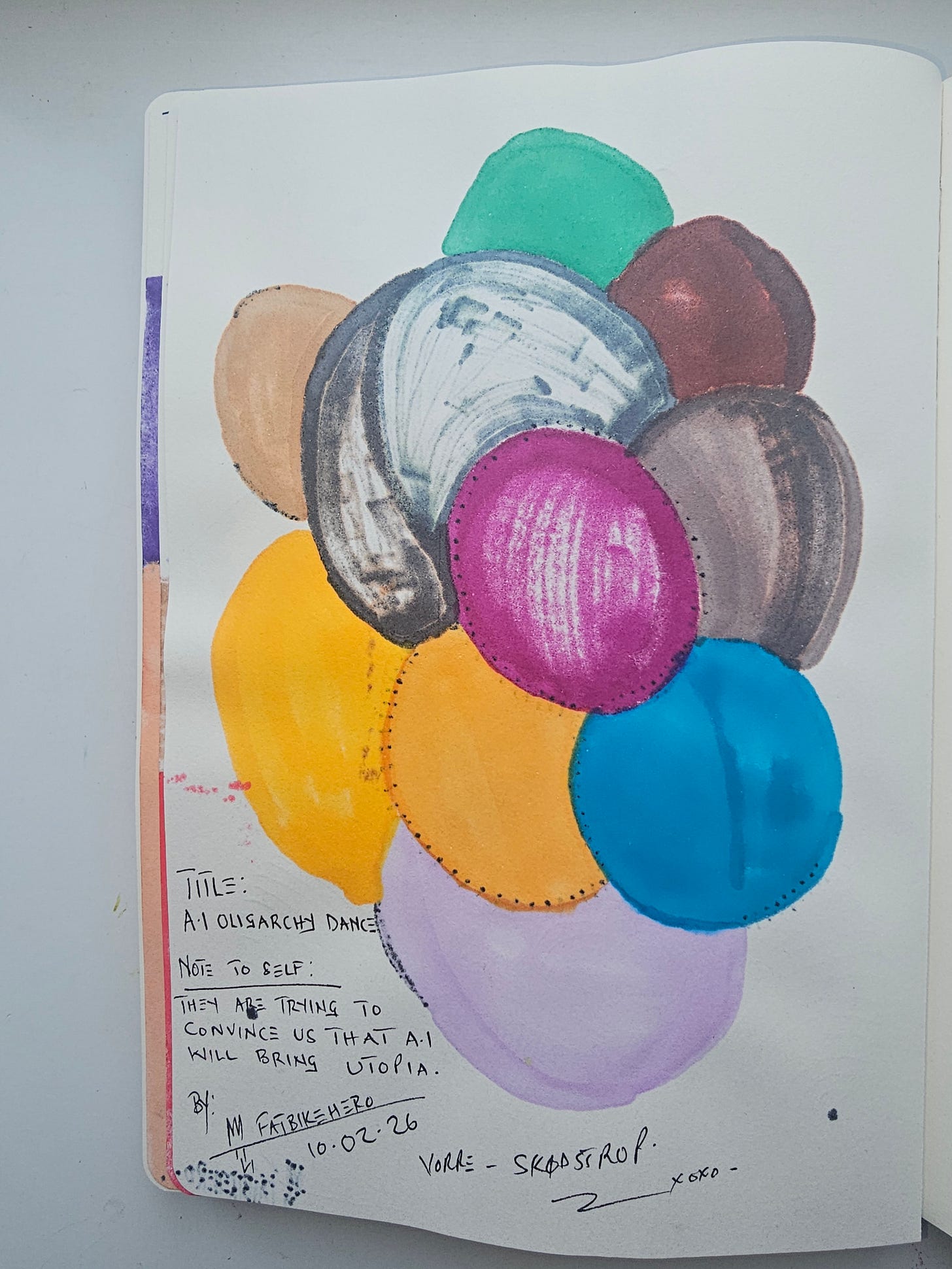 Sketchbook page showing handwritten title “AI Oligarchy Dance,” critical note about AI utopia, signature, date 10.02.26, and location Vorre–Skødstrup. Sketchbook page showing handwritten title “AI Oligarchy Dance,” critical note about AI utopia, signature, date 10.02.26, and location Vorre–Skødstrup.