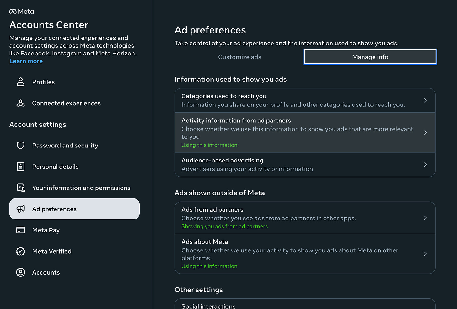 Screenshot of Meta's Accounts Center with Ad preferences selected in the left sidebar