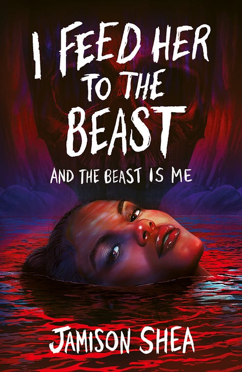 Two book covers for I FEED HER TO THE BEAST AND THE BEAST IS ME featuring a Black girl in a river of blood, and one for LA BESTIA SOY YO featuring a pair of pointe shoes hanging over a gilded mirror surrounded by black swan feathers.