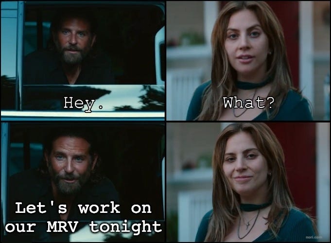 Four stills from A Star Is Born. Him: "Hey." Her: "What?" Him: "Let's work on our MRV tonight." She smiles.