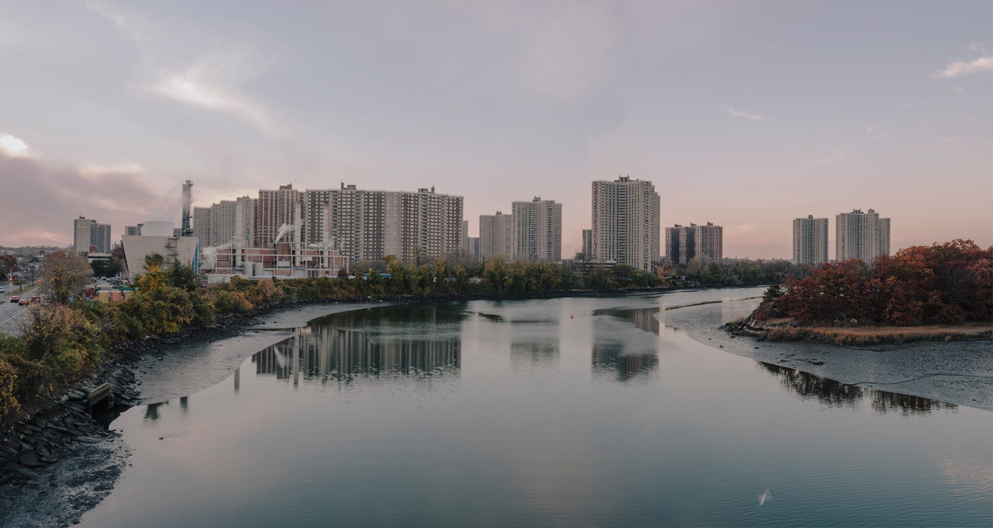 Co-op city seen from bridge at dusk