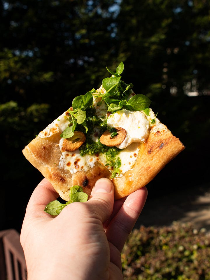 Detail Photos of Chickweed Gremolata Pizza, shot by JB Douglas for The Wild Grocery