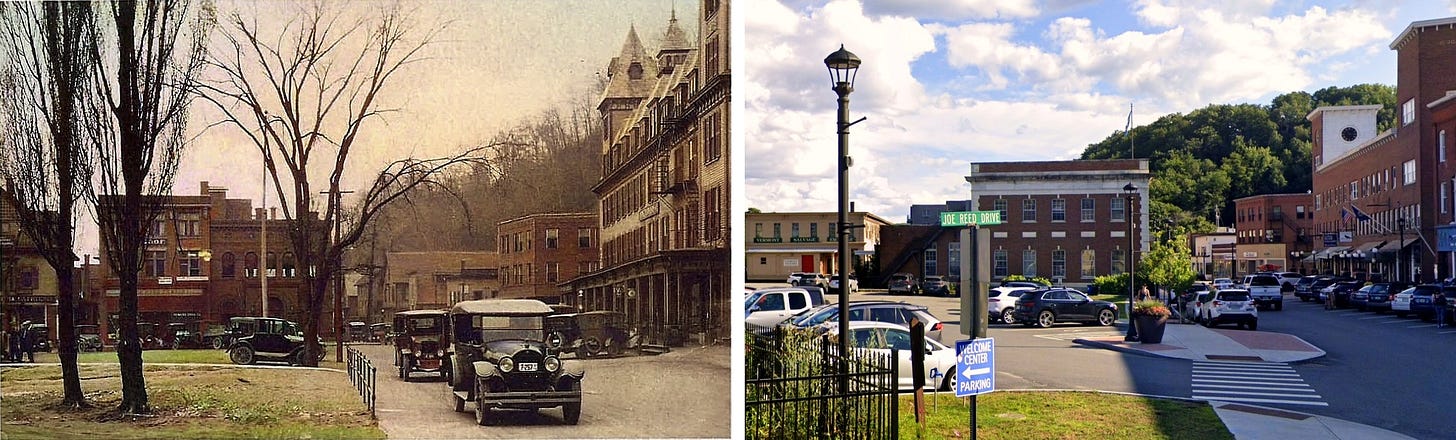 The Square in 1919 beside the same corner today The Square in 1919 beside the same corner today