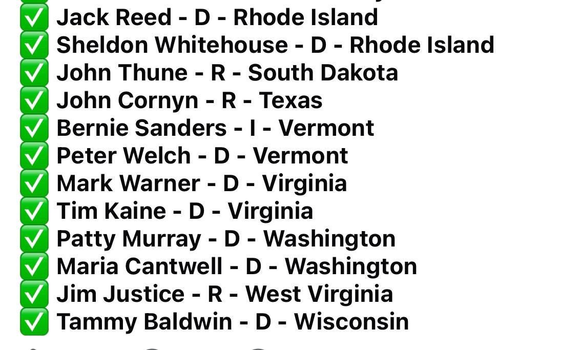 List of US senators by party affiliation and state, including Jack Reed, Sheldon Whitehouse, John Thune and Bernie Sanders.