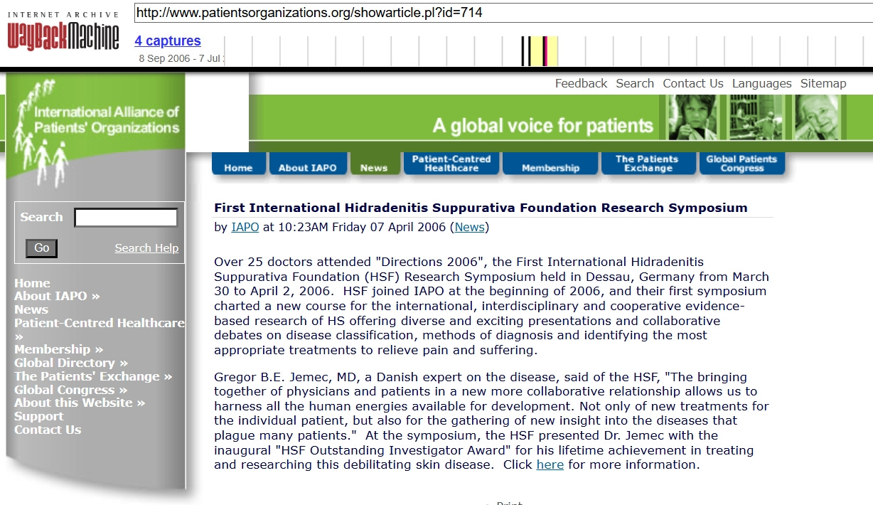 2006 Report by the International Association of Patient Organizations on the HSF’s First International Symposium.