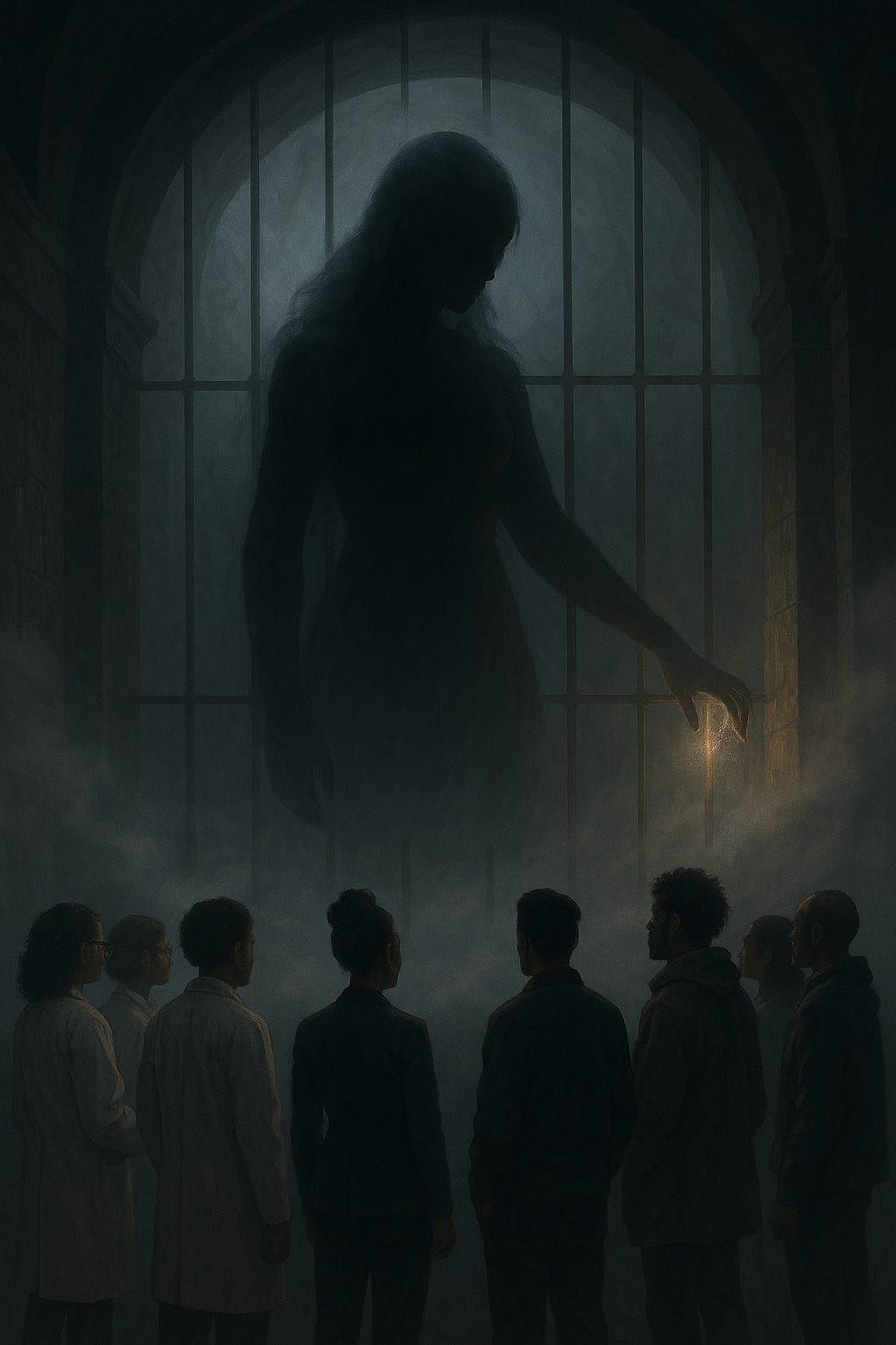 Shadowy female giant in a cage, a spark glowing from her hand as people watch.