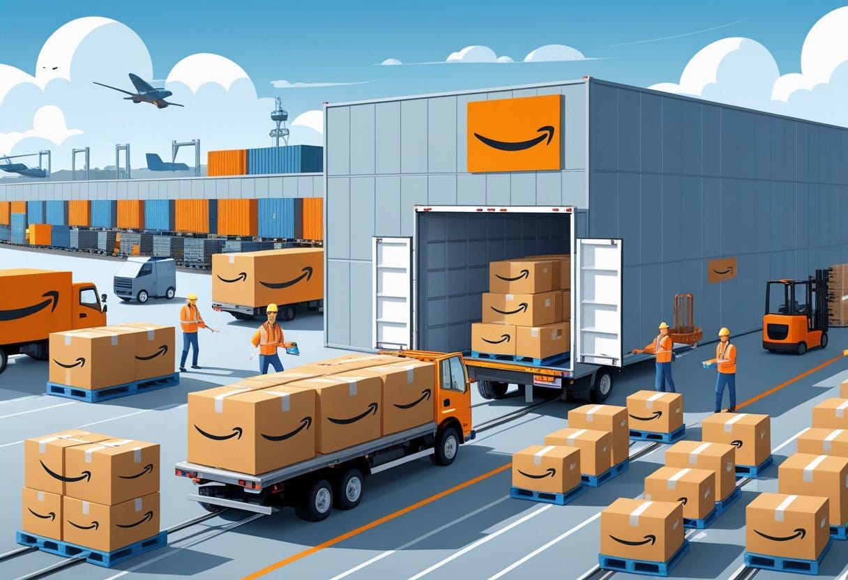 A delivery truck being loaded with boxes outside a large warehouse, with workers organizing shipments and forklifts moving pallets in a busy logistics hub.