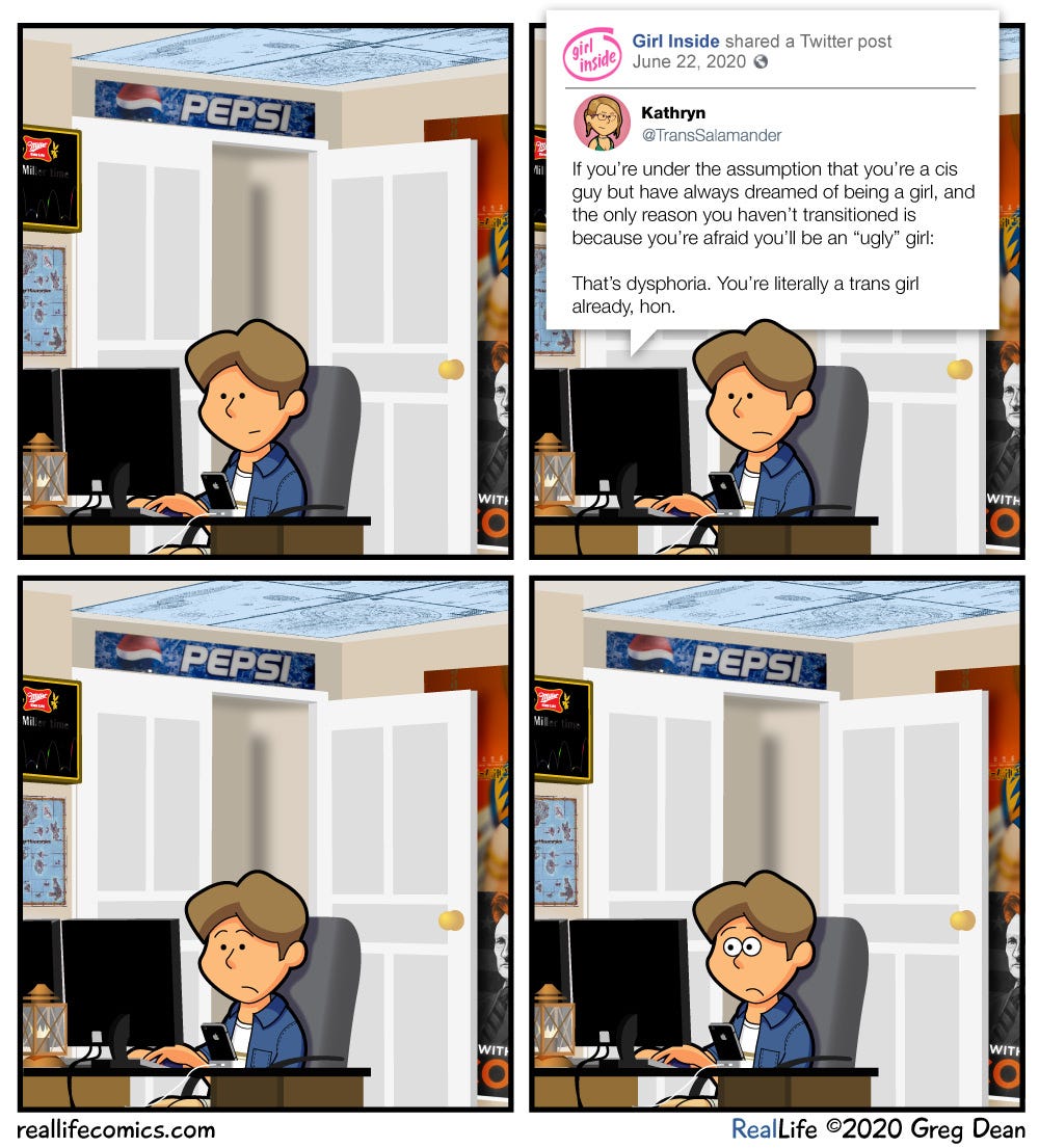 Real Life Comics, posted June 29, 2020. The main character begins to have a gender crisis in response to a tweet.